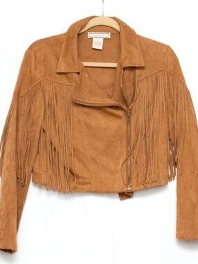 Flying Tomato Faux Suede Fringe Moto Jacket Tan Western Boho Cowgirl Hippie Sz S